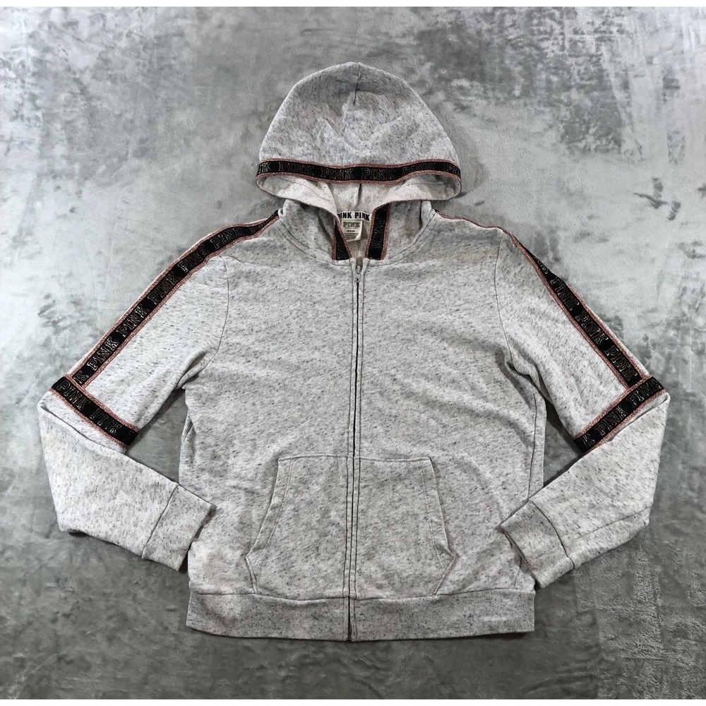 PINK Victoria's Secret Hoodie Womens Medium Gray Full Zip Sequin Logo Tape